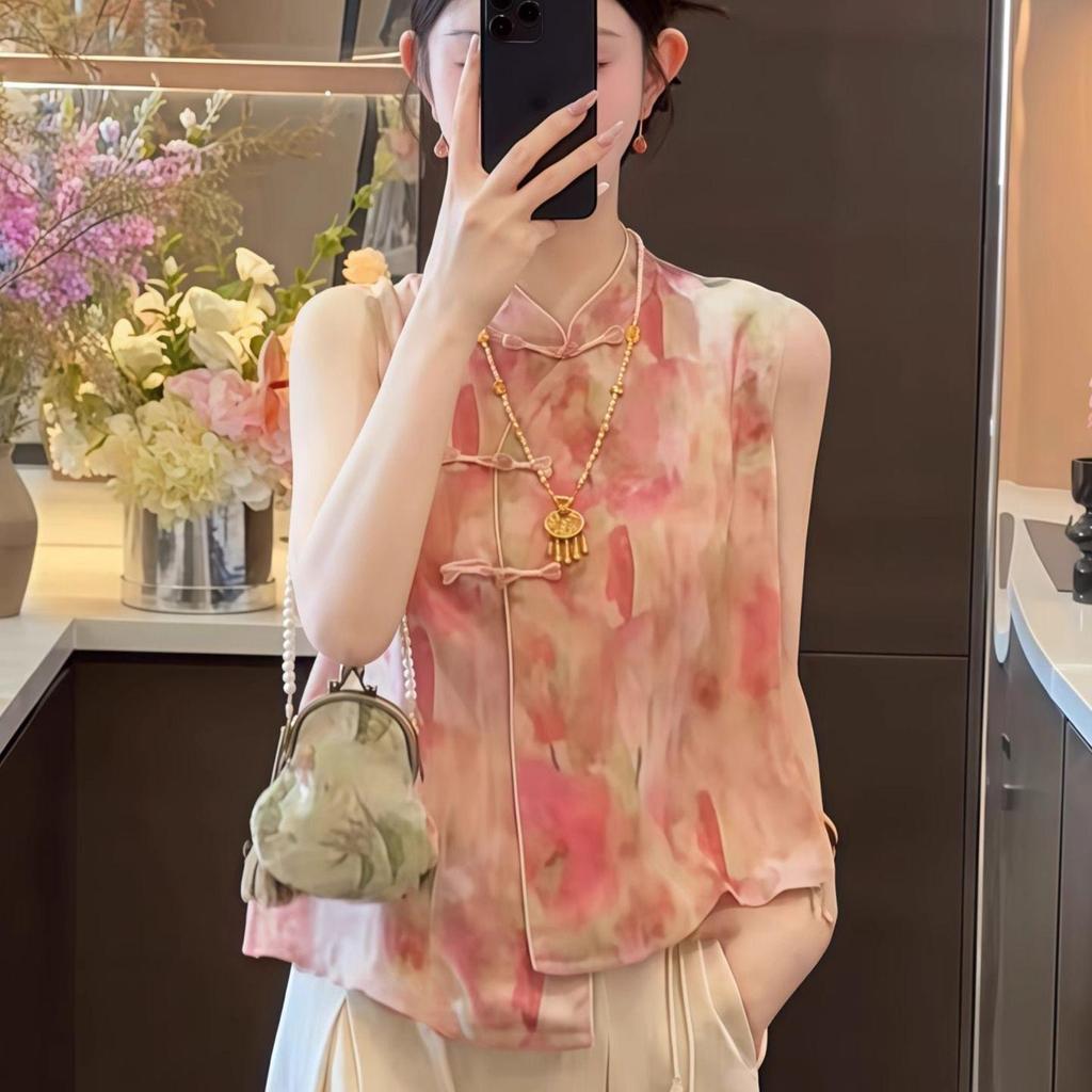 Schönes rosa verschmiertes ärmelloses schräges Westenhemd Damen 2025 neu Satinsweste kurzes Hemd Sommer