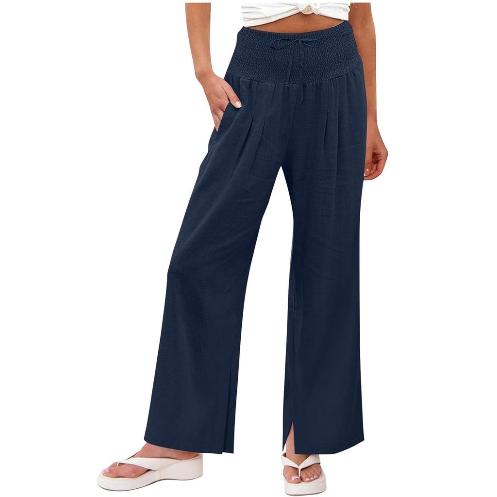 Women Elastic High Waist Pant Casual Fit Wide Leg Long Pants Trousers With Pockets