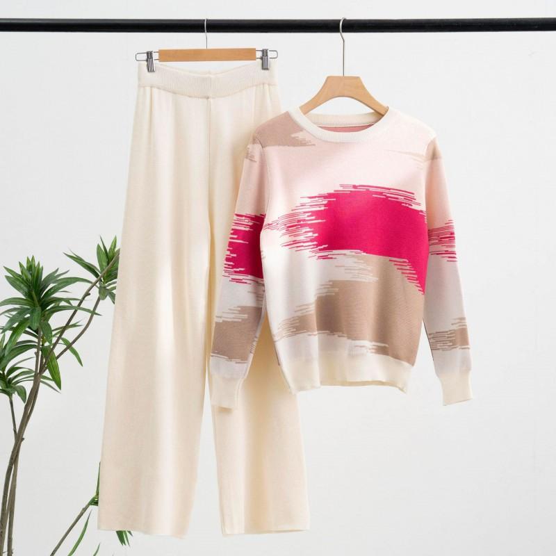 Korean All-matching Long-sleeved Sweater Contrasting Round Collar Pullover Loose Long Wide-leg Pants Fashionable Two-piece Suit