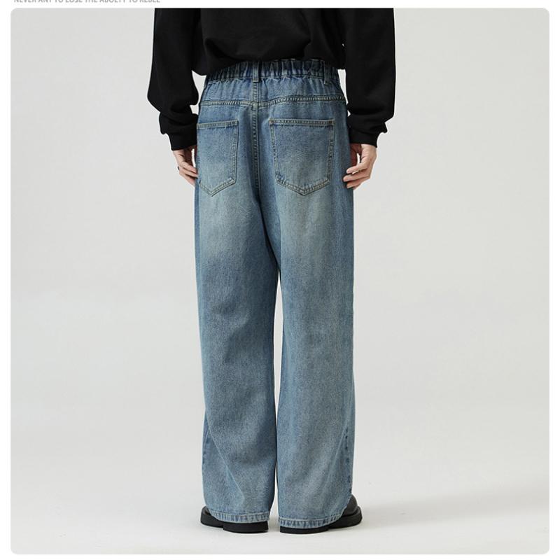 Simple Men's Denim Pants Casual Washing Solid Color Menswear Bottom Middle Waist Straight Wide Leg Loose Male Jeans 2025 Spring Autumn