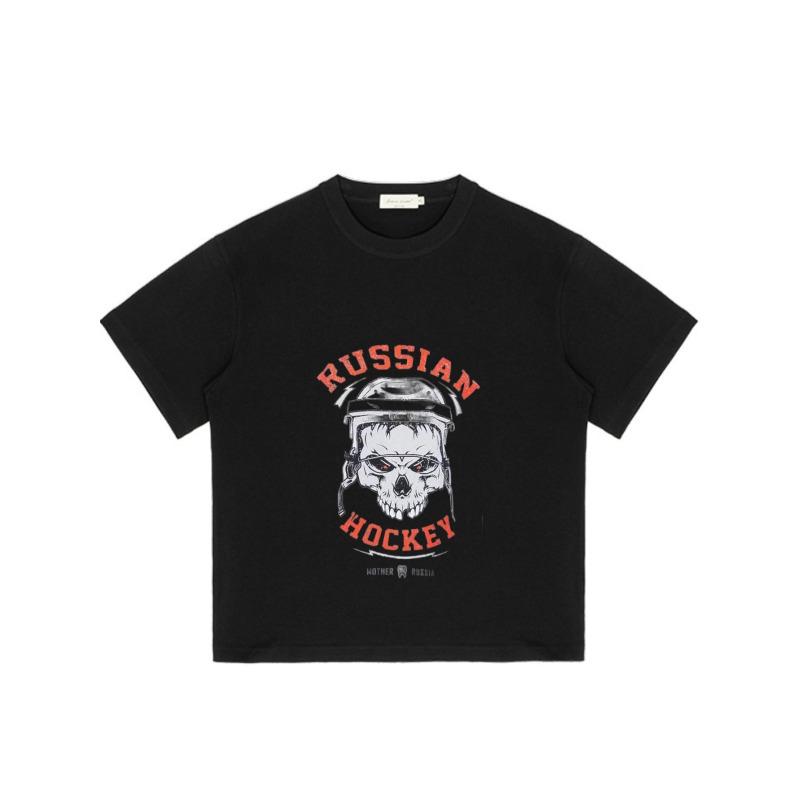 Russian Hockey T Shirt Black Skull with Helmet and Red Text for Casual Wear