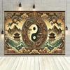 Dragon Yin Yang Tapestry, Chinese Dragons with Tai Chi Symbol and Pagoda, Oriental Art Wall Hanging for Living Room Bedroom