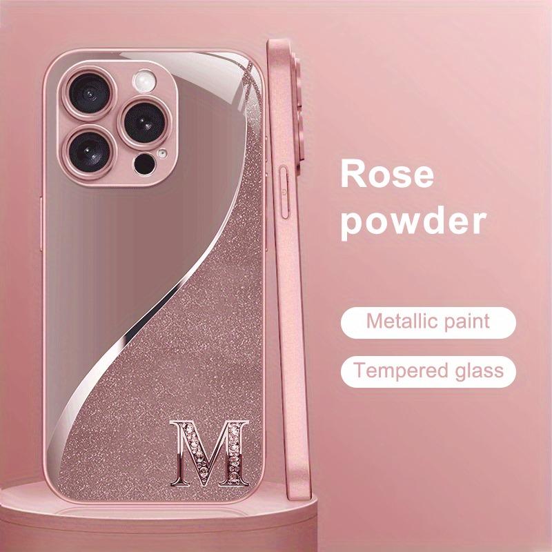 Pink Diamond Letter Pattern Pink Metallic Paint Glass Phone Case For iPhone 17Air 16 15 17 Pro Max 11 12 13 14 Plus 16E Cover