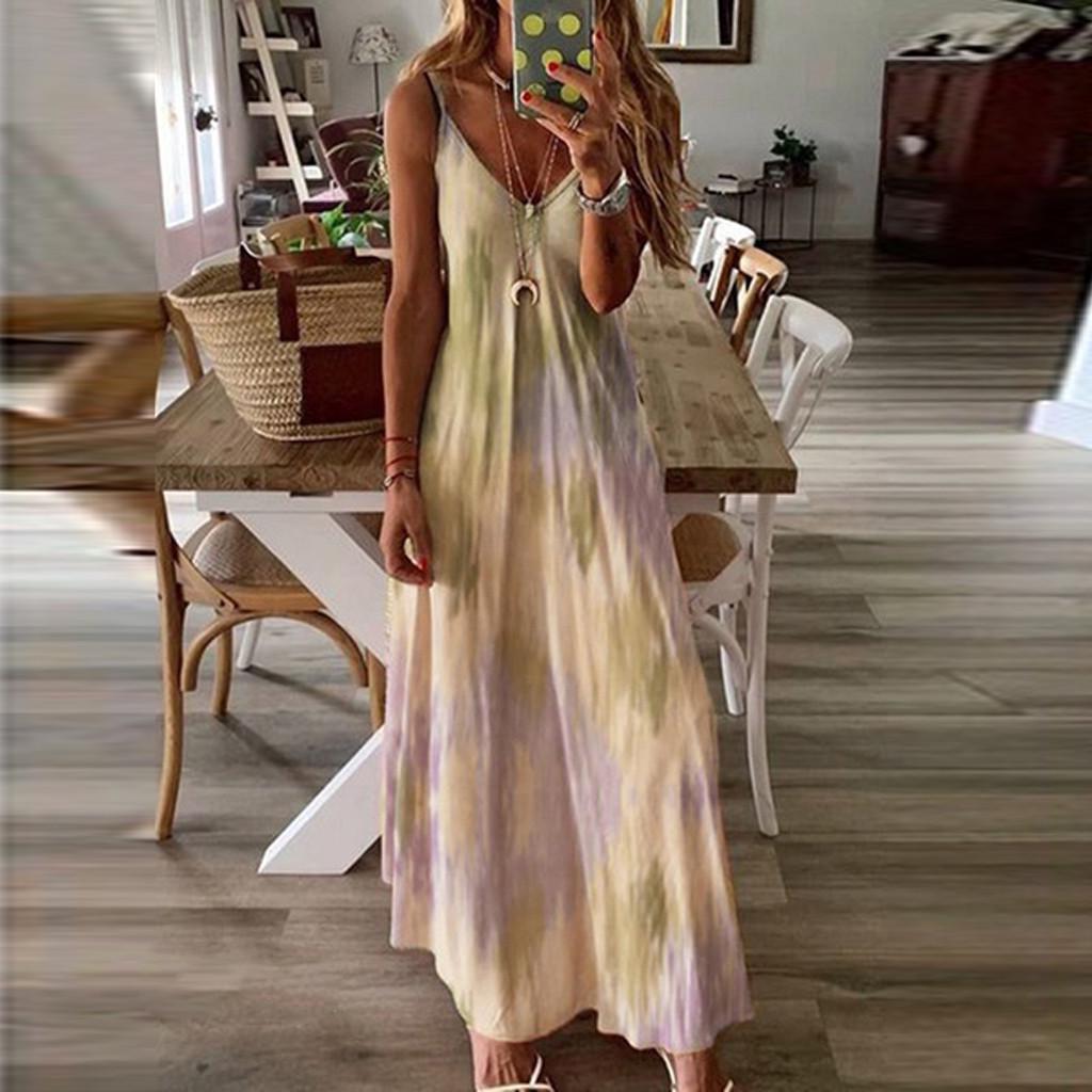 Fashion Women Sexy Plus Size Tie-dye Print Sleeveless V-Neck Camisole Long Dress