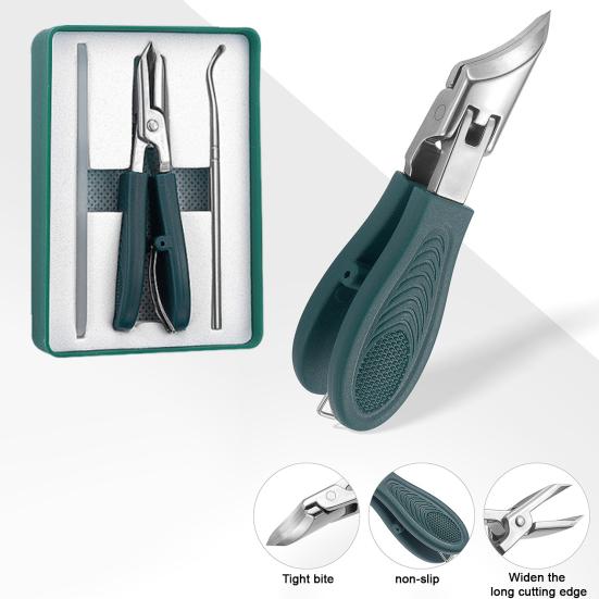 Stainless Steel Nail Clipper Curved Blade Toenail Clippers for Thick Nails 3-Piece Kit with Glass File & Case Ergonomic Non-Slip Grip Nail Clippers