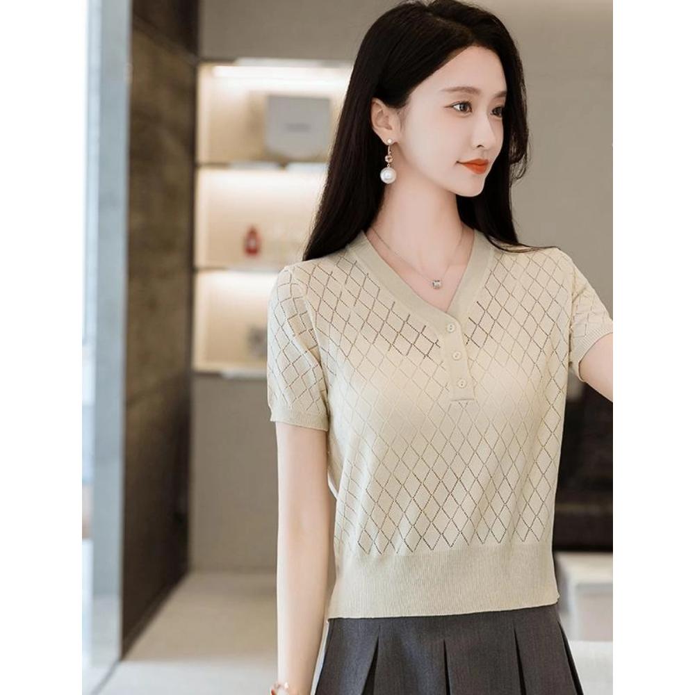 V-neck Ice Silk Short Sleeve T-Shirt Women Summer New Fashion Slim Fit Hollow Out Knitted  Short Top