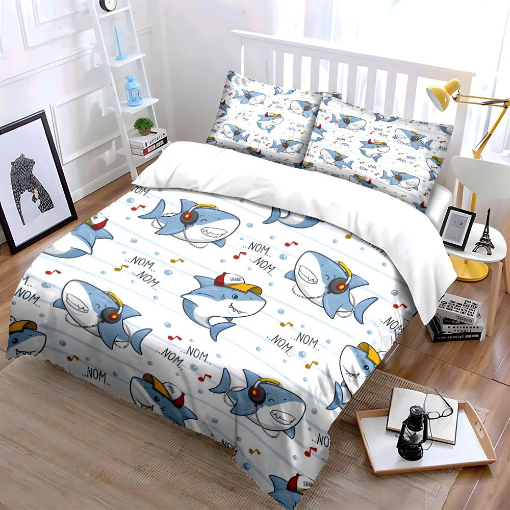 Cartoon Sharks With Headphones And Hats Printed Duvet Cover Set1 Duvet Cover+2 Pillowcasemulti Size Bedroom Bedding Decor