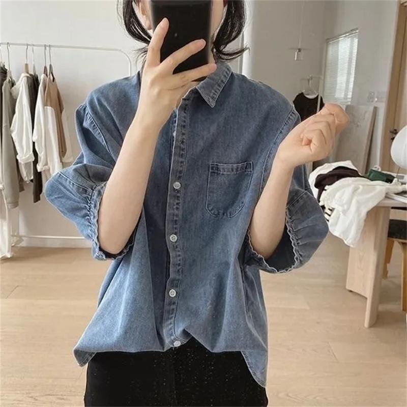 Women's Blouse Spring Summer Simplicity Design Sense Ladies Shirt lantern Sleeve Versatile Fashion Lady Cowboy Shirt