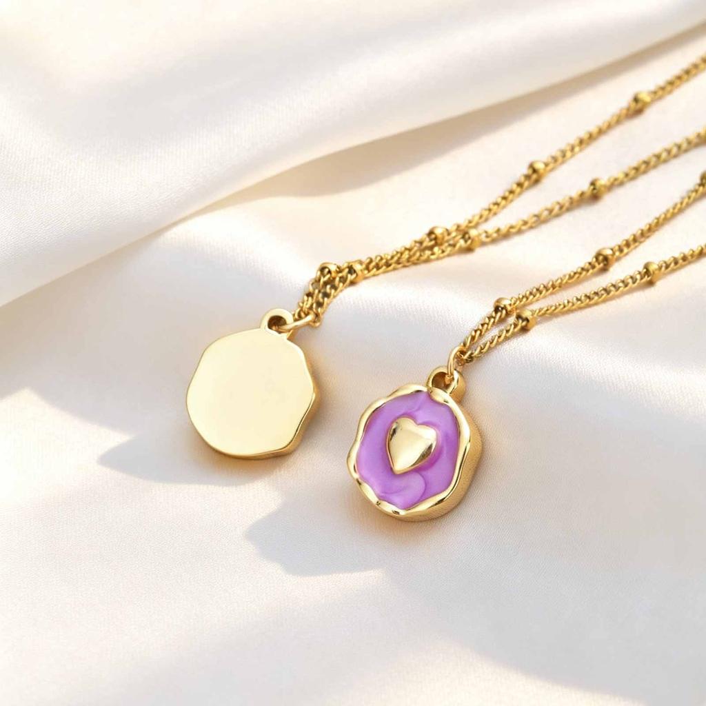 Colorful Enamel Round Pendant Necklace, Star Cross Heart Moon Choker, Stainless Steel Tarnish Resistant Clavicle Jewelry