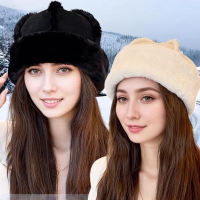 Winter Suede Warm Hat Outdoor Thickened Ski Hat Casual Cold Hat Fleece Fur Integrated Hat