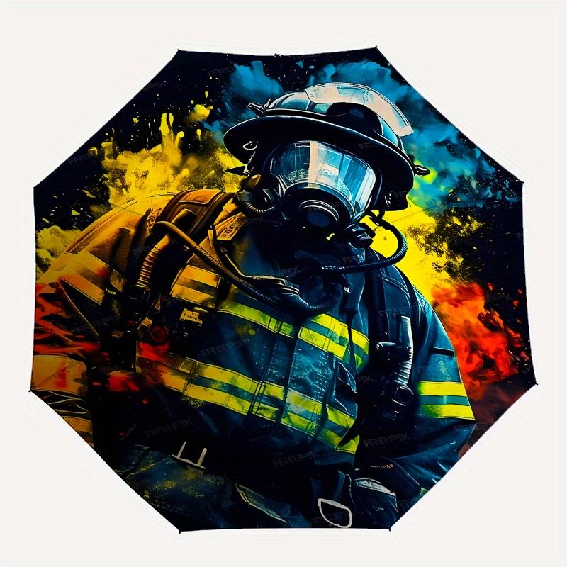 Firefighter, Heroic Automatic folding umbrella simple eight rib design, bright color pattern, durable iron frame, ideal for travel and outd