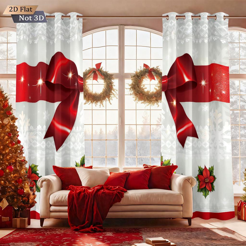 2Pcs Christmas Red Bow Print Blackout Curtains Multiple Size Living Room Bedroom Insulation Holiday Decoration Machine Washable