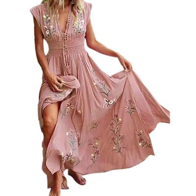 Kobiety Boho Floral Long Maxi Dress Bez rękawów Ladies Casual V Neck Beach Sundress