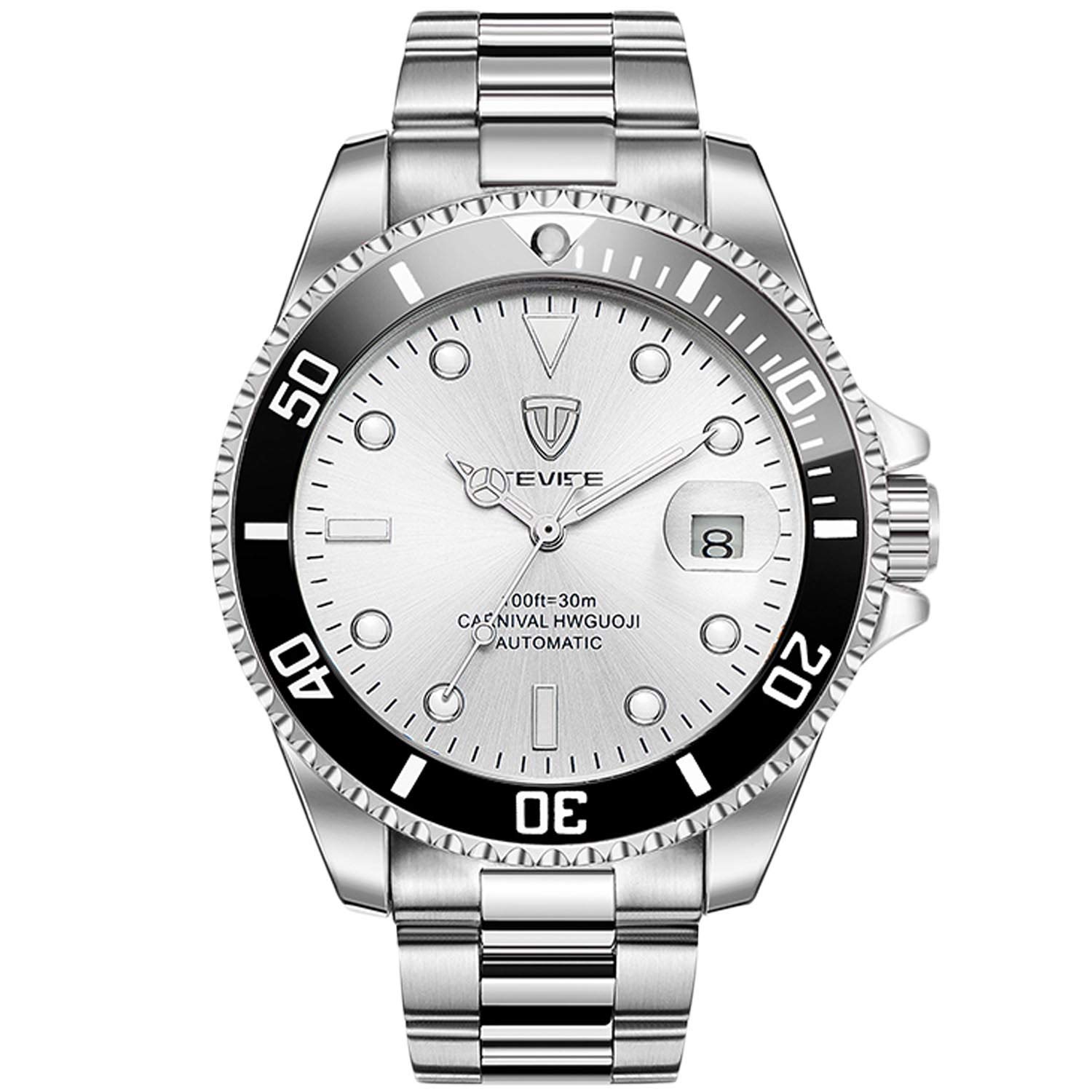 

RORIOS Automatic Mechanical Watch with Date Analog Quartz Rotating Luminous Stainless Steel Popular Business Watch with Large Silver Ideal for Men and