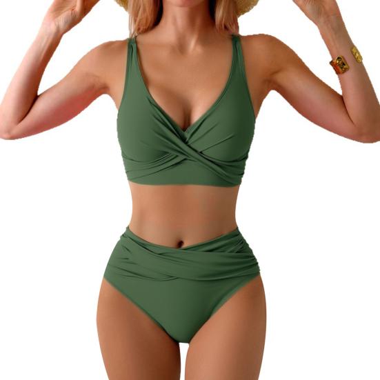 

2Pcs/Set Women Bikini Set V-Neck Widened Edges Bra High Waist Tummy Control Swimming Briefs Set Patchwork Color Summer Swimwear S зелений