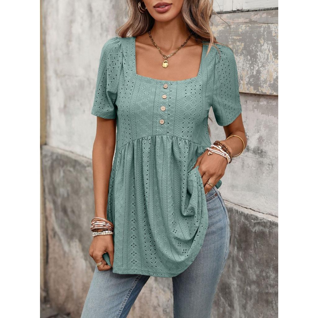 Spring Summer Women's Casual Square Neck Single Breasted Short Sleeve Dress for Europe America Cross-border