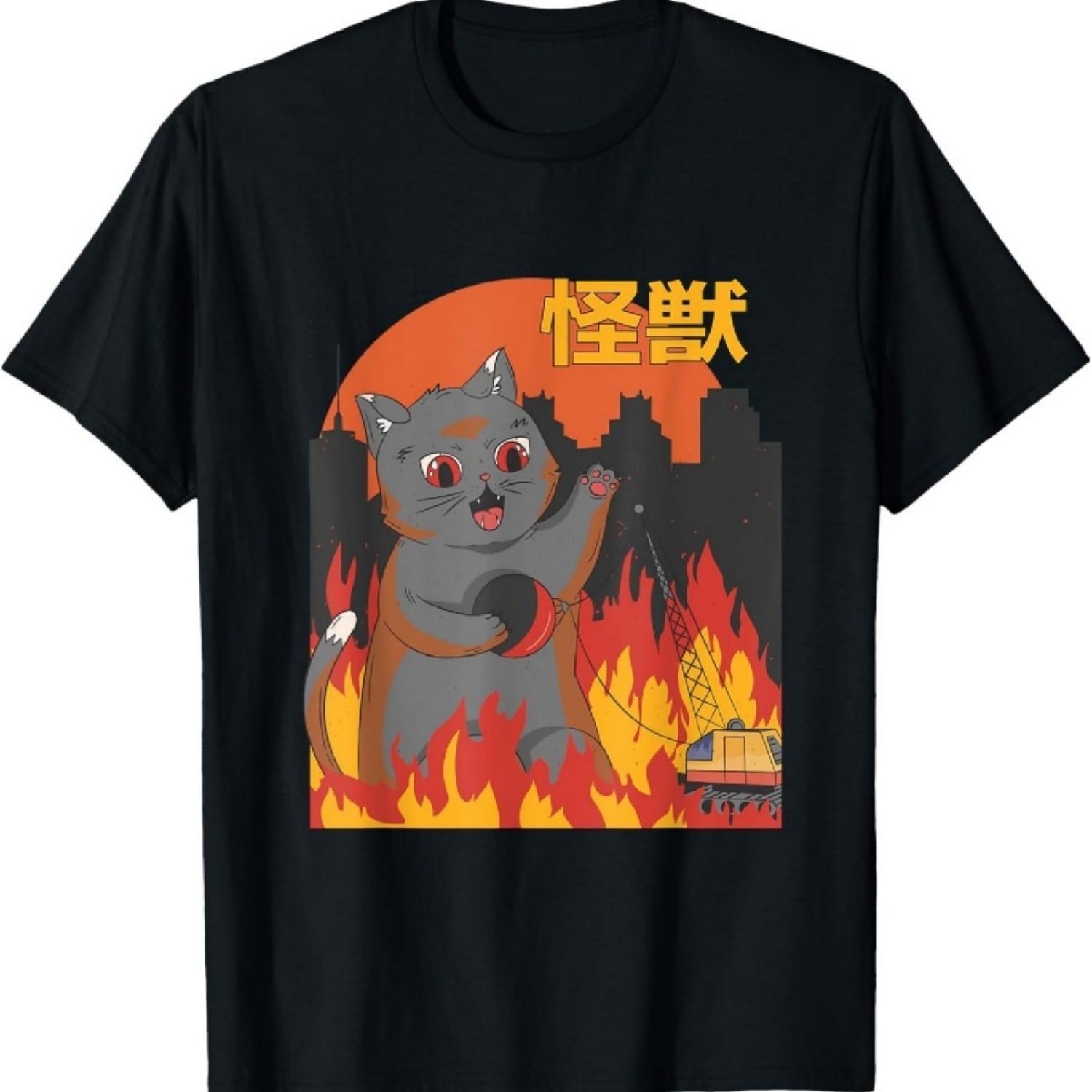 Catzilla Закат Гигантский Кот Японская Футболка S