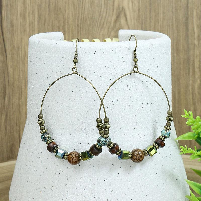 Vintage Ethnic Bohemian Drop Dangle Earrings For Women Wooden Tassel Pearl Beaded Geometric Leaf Flower Round Boho Earrings