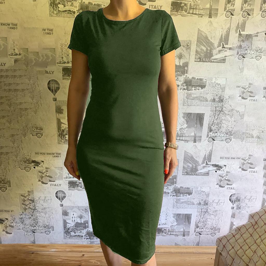 Women's Fashion Sexy  Solid Color Bag Hip Elasticity Short-sleeve Dress