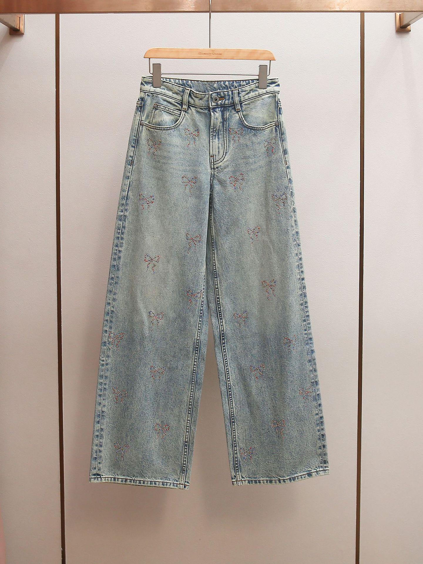 French Spring Distressed Rhinestone Bow Wide-Leg Jeans for Women Large