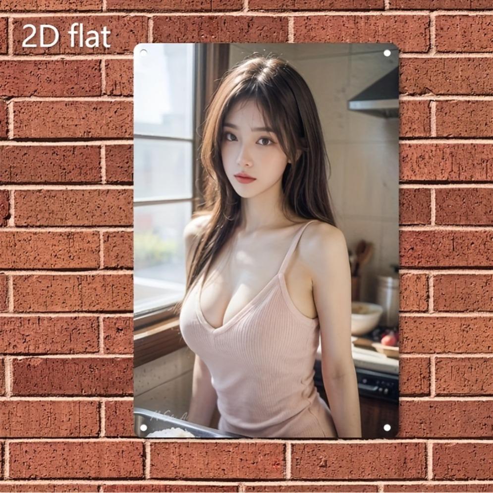 Hisun Tin Sign HD Metal Wall Art Sexy Asian Woman with Long Brown Hair Wearing Pink Ribbed VNeck Camisole Top Standing In Cozy Kitchen with Na