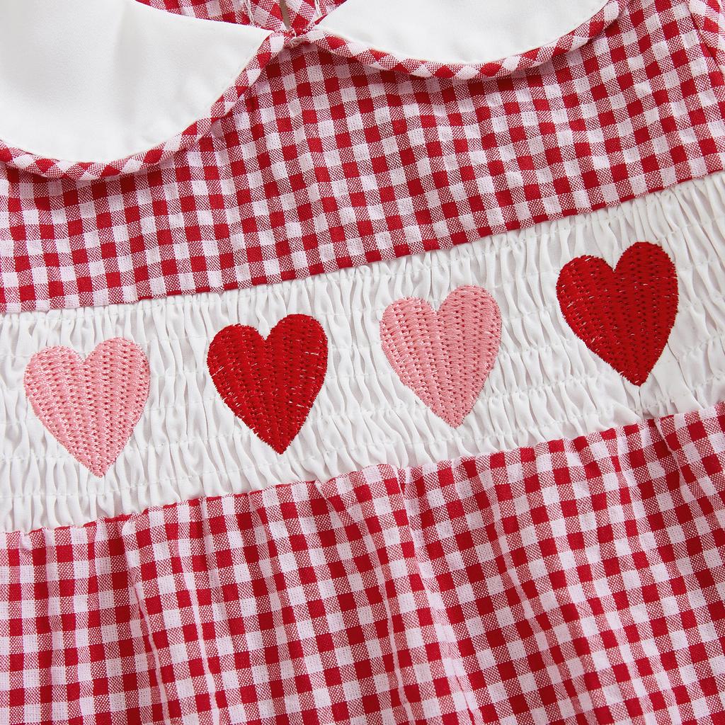 Baby Girl Plaid Romper Heart Embroidery Doll Collar Long Sleeve Bodysuit Spring Fall Clothes