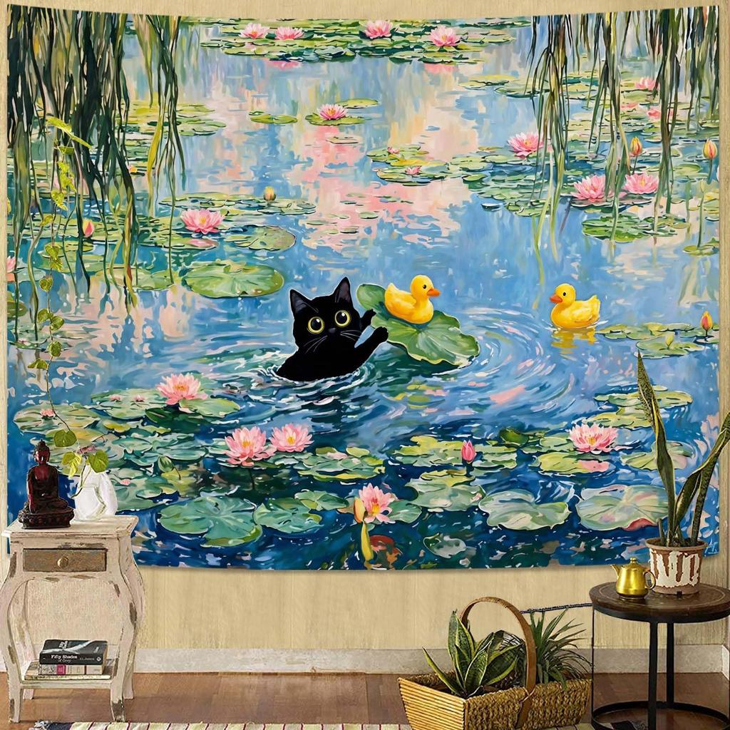 Black Cat Flower Garden Tapestries Watercolor Floral Art Tapestries Butterflies Nature Wall Tapestry Bedroom Dormitory Living