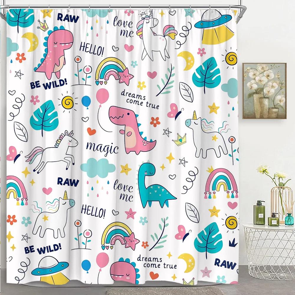 Kids Rainbow Shower Curtain Cartoon Cute Stars Clouds Love Inspirational Quotes Flower Boy Girl Polyester Bathroom Decor Curtain