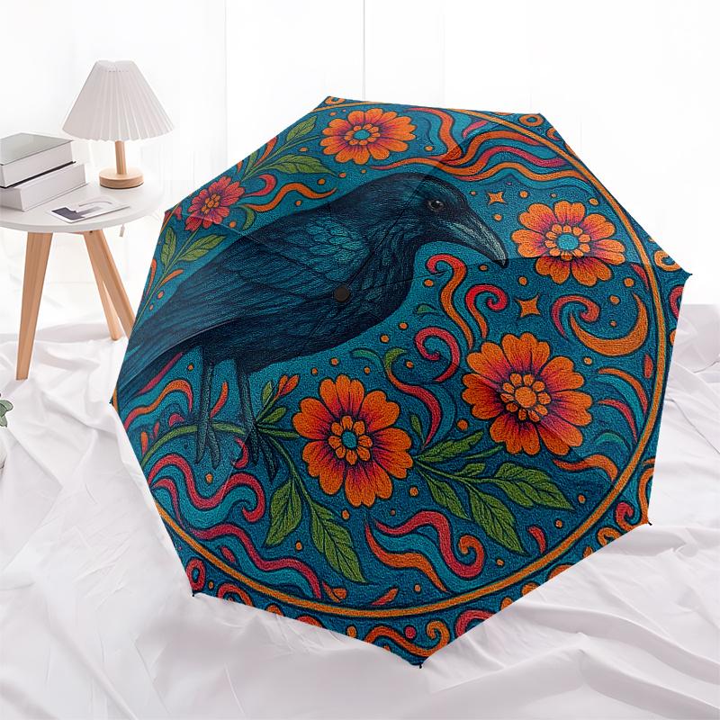 Colorful Floral Raven Art Print: Vibrant Nature DesignUmbrella, Portable 3-Fold Compact Umbrella for Men & Women Gift