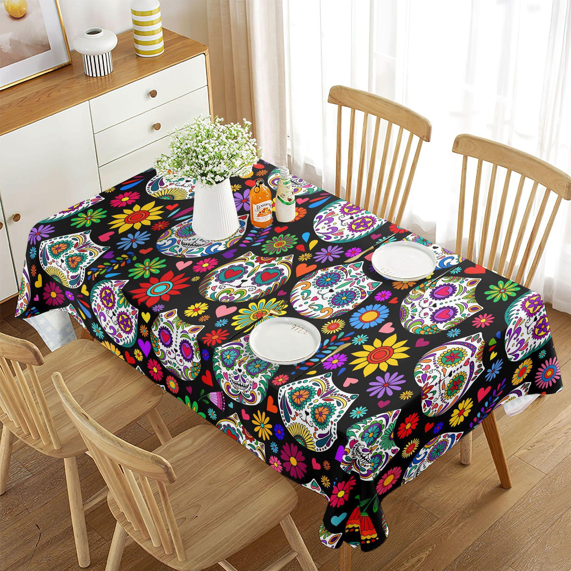 

New Dining Table Cloth Tablecloth Waterproof Skull Flower Rectangular High-end Decorative Tablecloth Beach 70x40cm