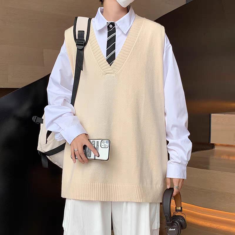 DK Unisex V-Neck Knit Sweater Vest - Hong Kong Street Style, Spring/Autumn, Sleeveless, Loose Fit, Korean Influence