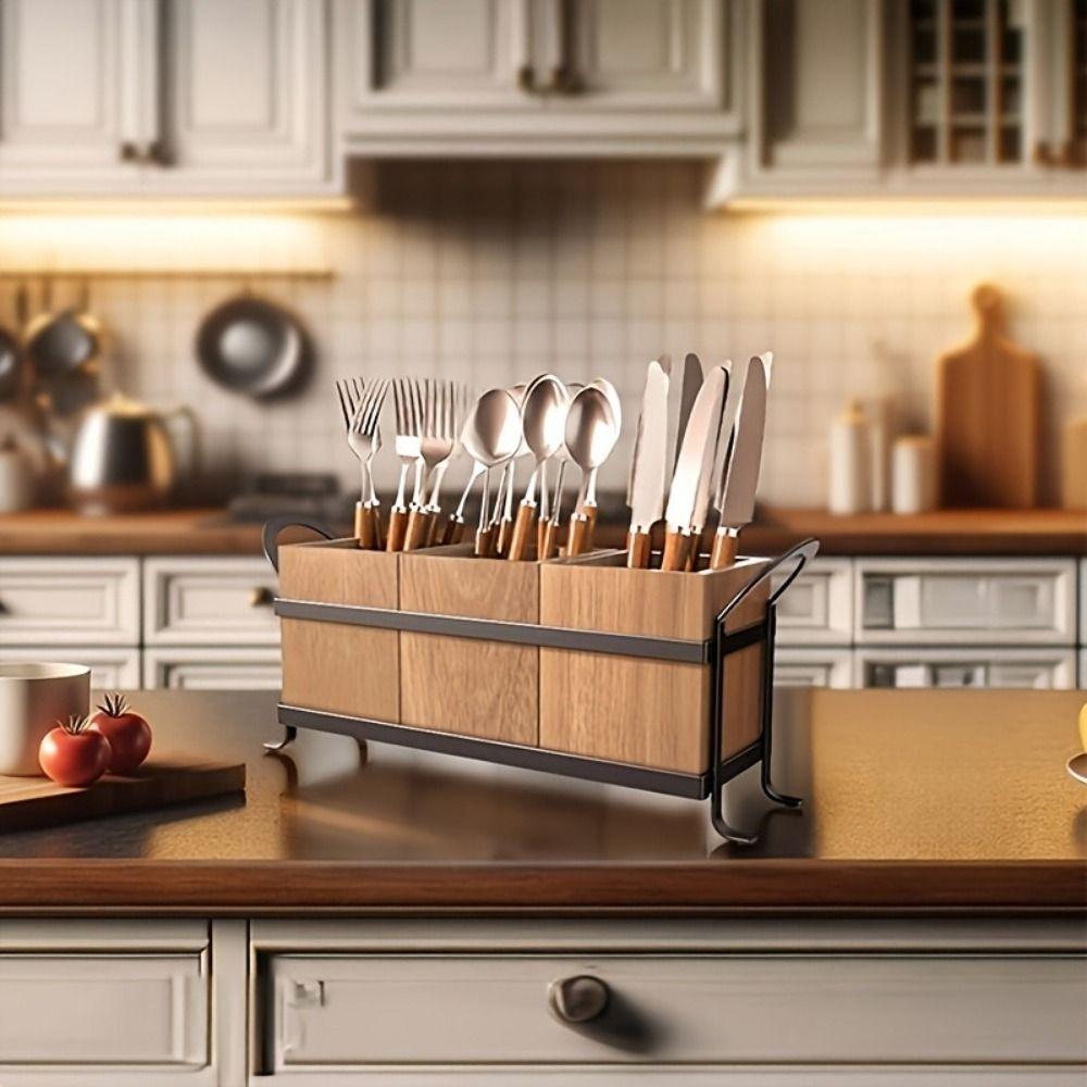 Wooden Tableware Storage Box Large Capacity Flatware Organizer Rustic Utensil Holder Makeup Brush