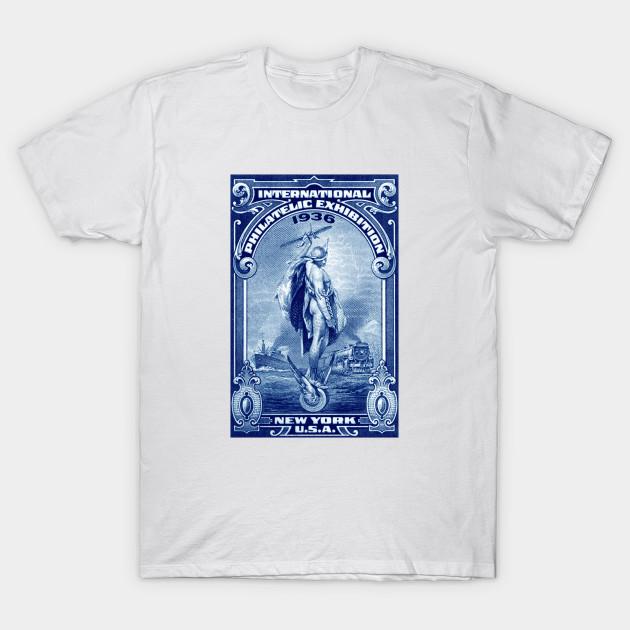 

Men Black Print T-shirt 1936 New York International Philatelic Expo No-Cut Transfer Paper Print Cotton Tshirt 4XL