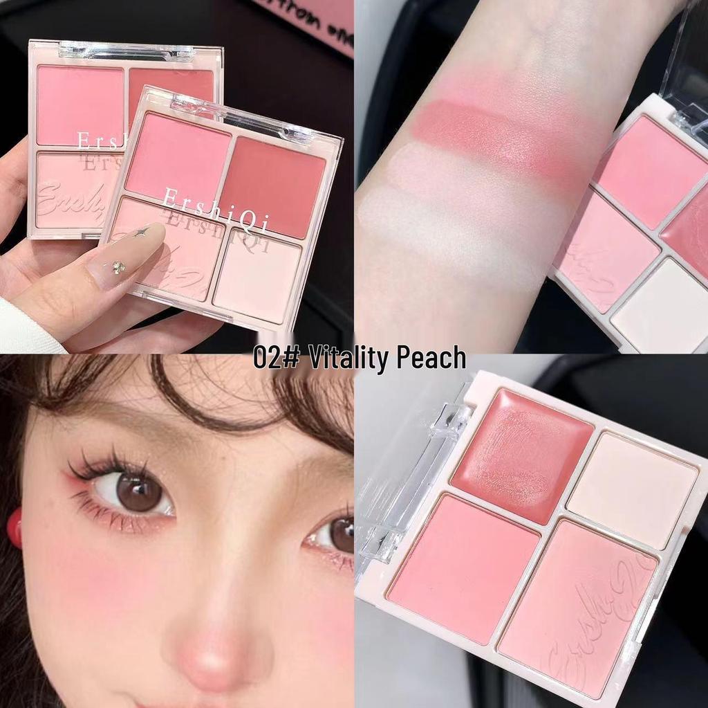 Peach Pink Four-Color Blush & Contour Palette: Natural Matte, Fine Powder, Brightening, Affordable for Students.