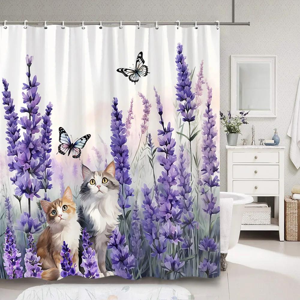 Purple Lavender Shower Curtain Fluttering Butterfly Botanical Flower Watercolour Art Painting Shower Curtain Bathroom Decoration