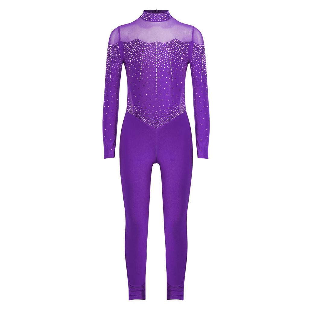 Dívčí lesklý kamínkový celotělový leotard s falešným límcem a dlouhým rukávem, kombinéza s průsvitnou síťovinou a patchworkem, krasobruslařské body