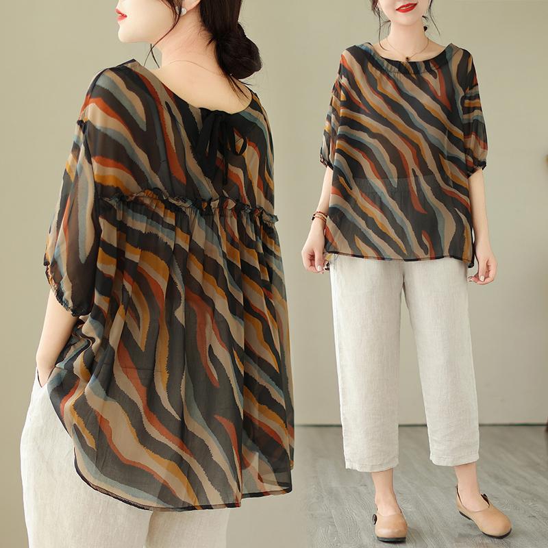 

DIMANAF 2023 Женщины больших размеров Летний дизайн Рубашка с рукавом крыла летучей мыши Свободный принт с длинными рукавами Сплошной бант Fashoin Design ShowТонкая рубашка с O-образным вырезом