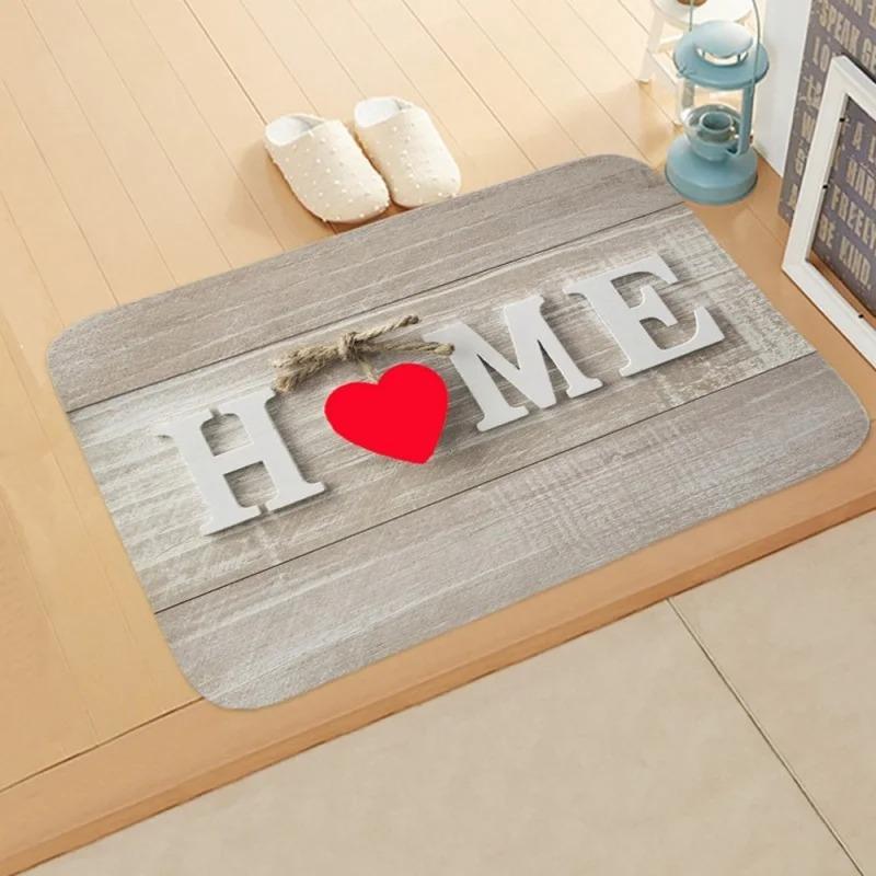 Rustic HOME Heart Door Mat Grey Wood Pattern Carpet Entrance Kitchen Farmhouse Decorative Floor Mat