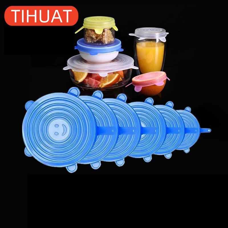 

6 шт. Многоразовые силиконовые крышки для еды/посуды 6pcs синий