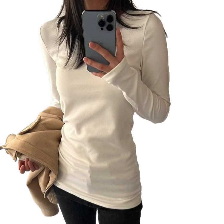 Women's Slim Fit Mid-Length White Base Shirt, Cinched Waist, Hip-Hugging, 2025 Spring/Autumn Style, Thin Fabric