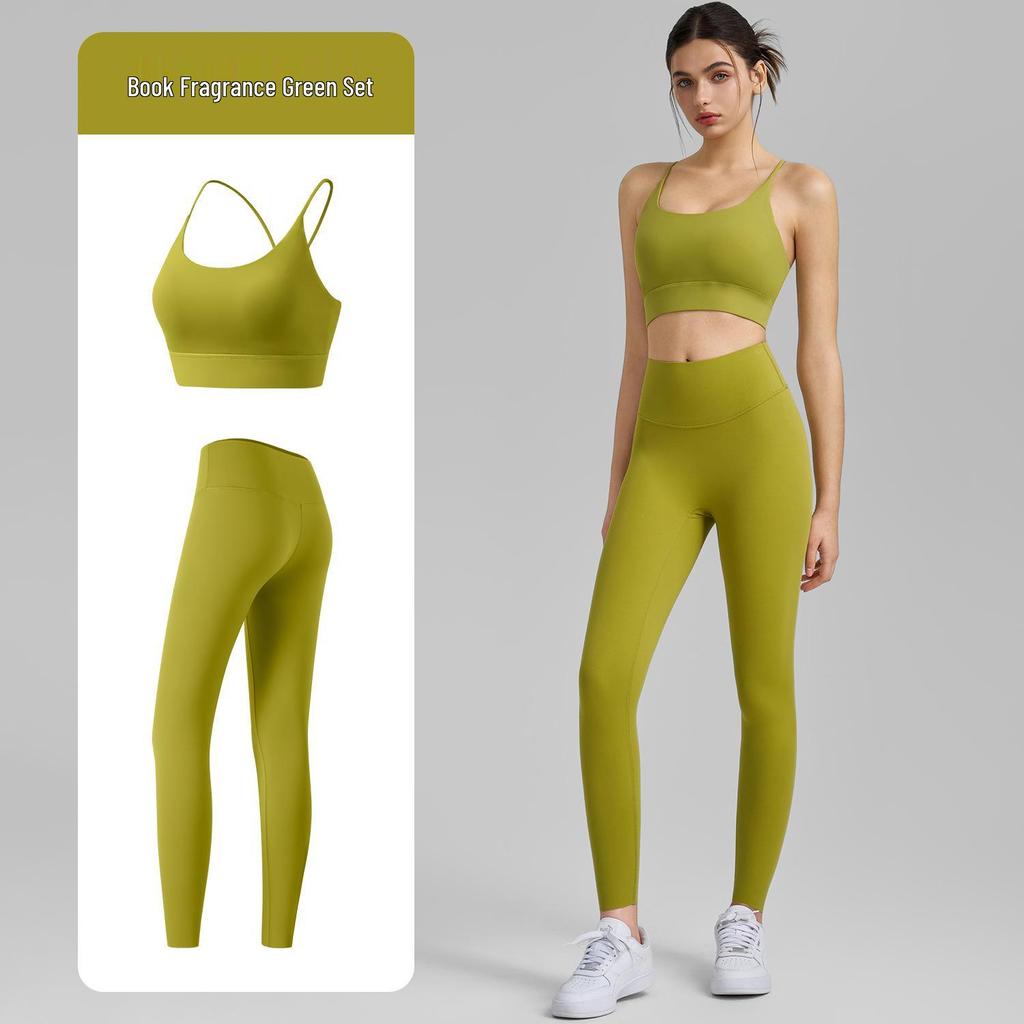 Herbst-Yoga-Set: Sexy Trägertop mit festen Cups Sportweste & Jelly Glue Yogahose für Damen