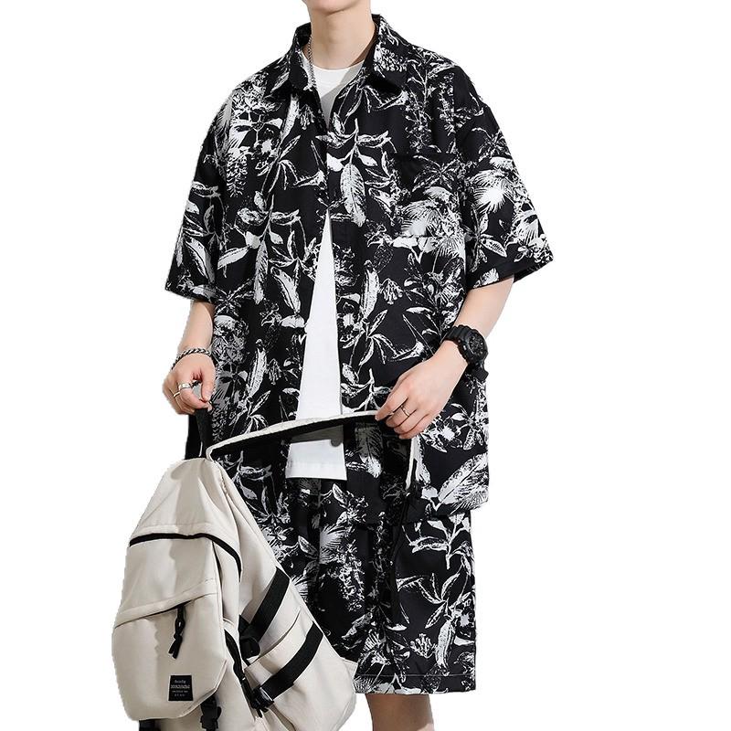 Hawaii Floral Men's Short Sleeve Loose Beach Shirt Set - Retro Hong Kong Style Trendy Cool Jacket