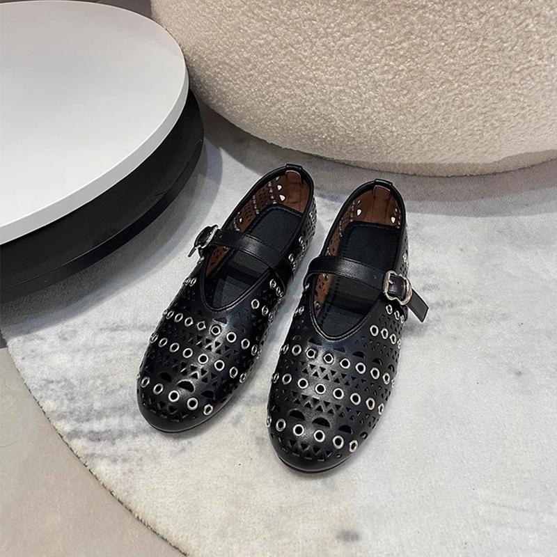 Niche Design Heavy Industry Rivets Hollow One-word Flat Mary Jane Shoes Soft-soled Fragrant Ballet Shoes