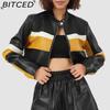PU Leather Contrast-Colour Patchwork Sexy Leather Jacket, Stand Collar, Slim-Fit Cropped Style, Trendy Biker Jacket for Women