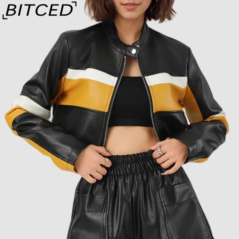 BITCED PU Leather Contrast-Colour Patchwork Sexy Leather Jacket, Stand Collar, Slim-Fit Cropped Style, Trendy Biker Jacket for Women
