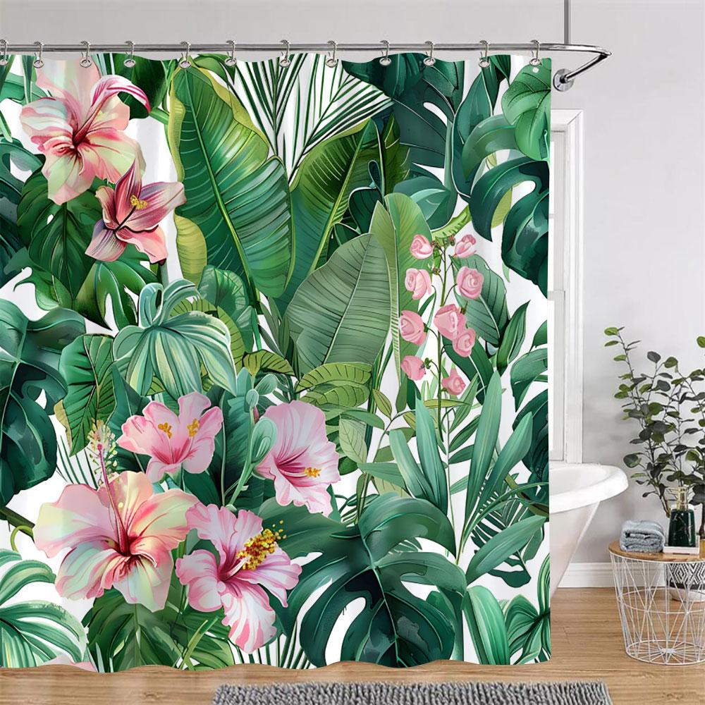 Tropical Plants Floral Shower Curtain Green Palm Leaves Pink Flowers Polyester Fabric Shower Curtains Bathroom Decor With Hooks