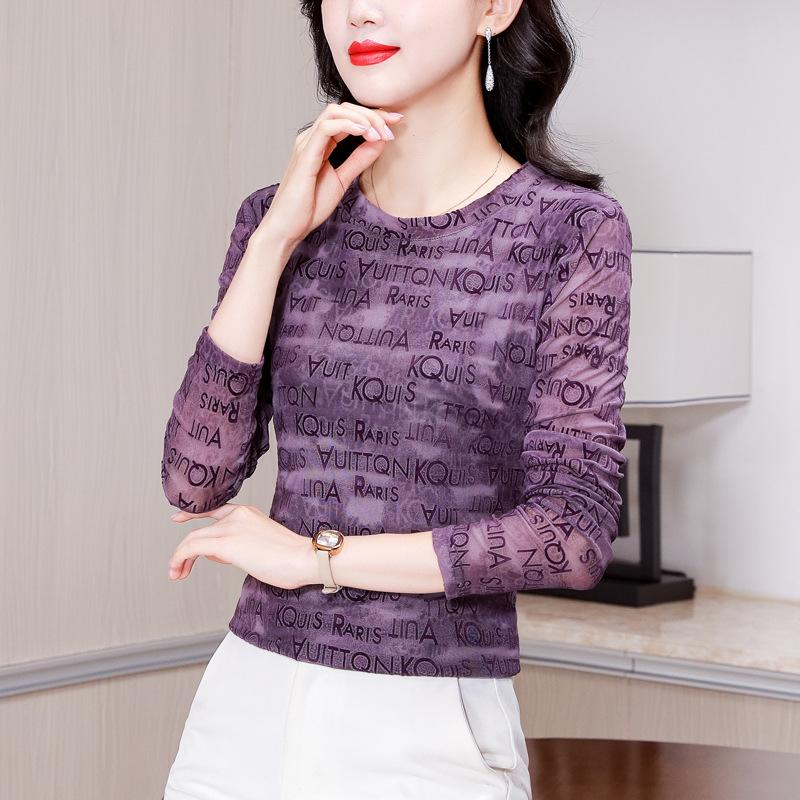 Flocked Printed Elastic Long-sleeved Mesh Base Shirt for Women In Autumn New Style Slim Fit T-shirt Top