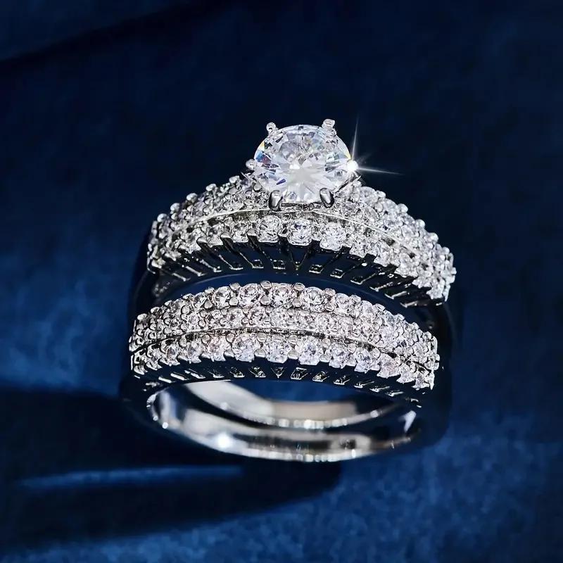 

Luxury Sparkling Promise Bridal Rings Set CZ Wedding Bands Accessories for Women Sterling Silver Versatile Female 9 срібний