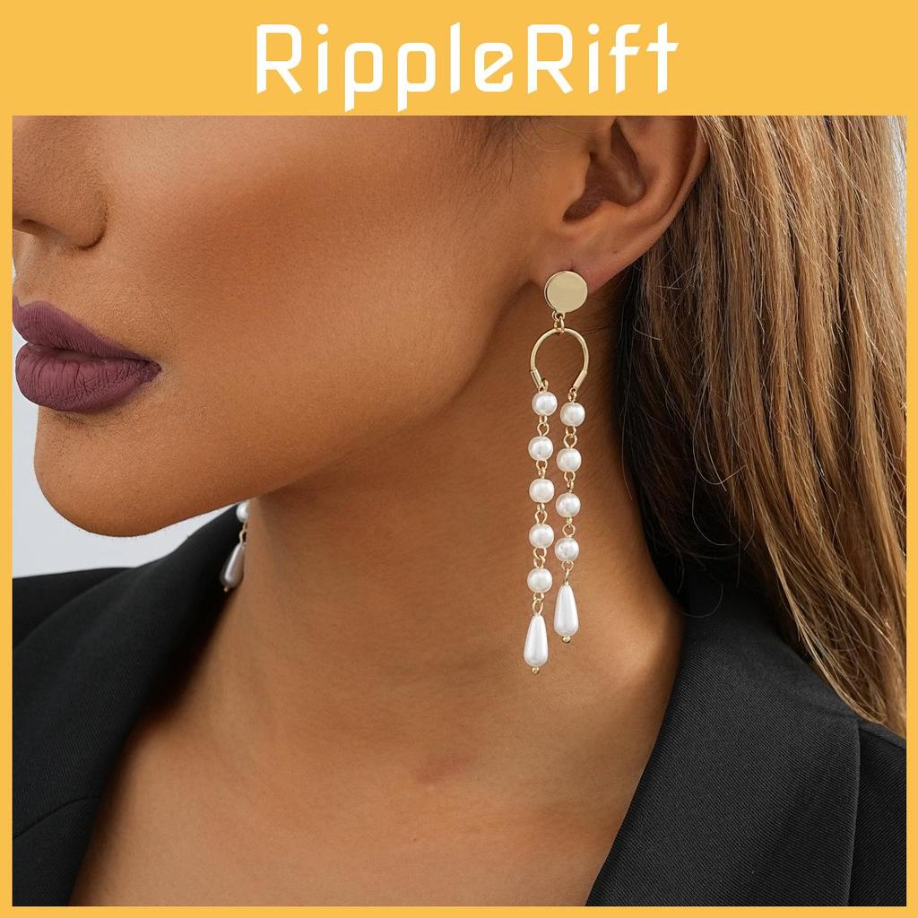 Trendy Faux Pearl Dangle Earrings With Gold Plated Asymmetric Tassel Design