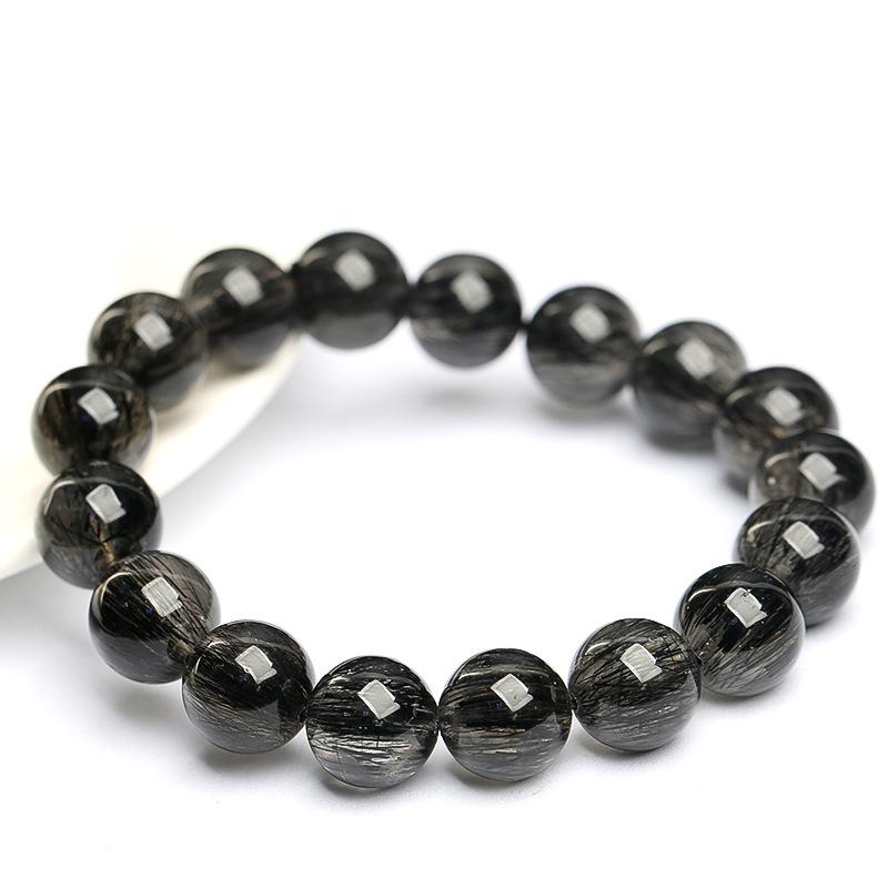 Hongchu Crystal Natural Black Hair Crystal Bead Bracelet Black Rutilated Quartz Smooth Bead Bracelet